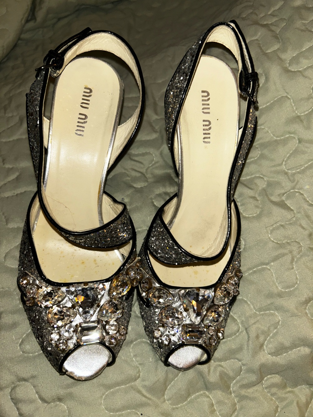 Preloved Miu Miu Glitter and Rhinestone Peep Toe Sandals